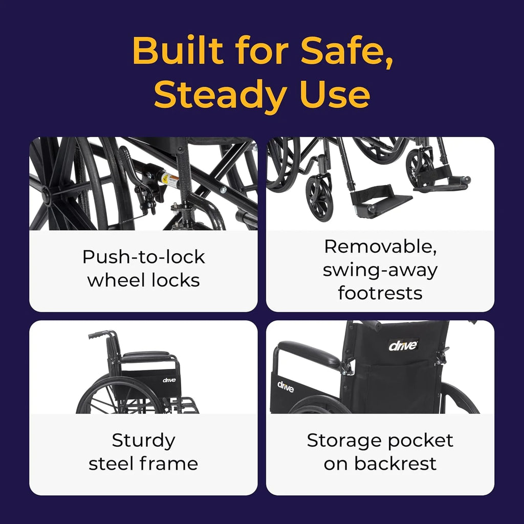 Drive Medical Silver Sport 1 Folding Transport Wheelchair - Lightweight Mobility Support