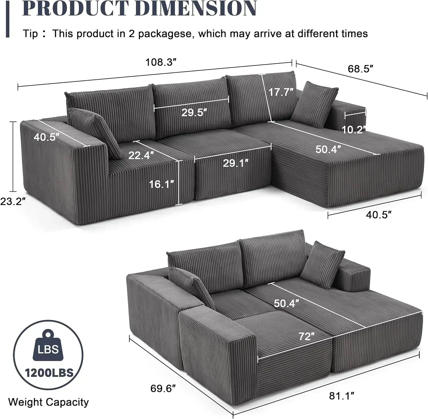 108-inch modular sofa cloud modular sofa with deep seat and reclining chair upholstered sofa