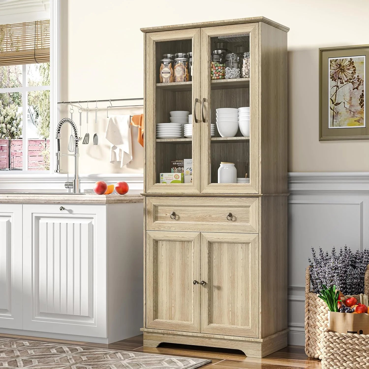 Kitchen Hutch Pantry Cabinet 71 Tall with Glass Doors