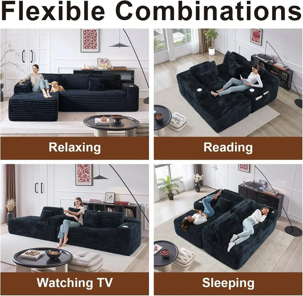 Cloud section sofa with L-shaped recliner modern modular sofa built-in cup holder