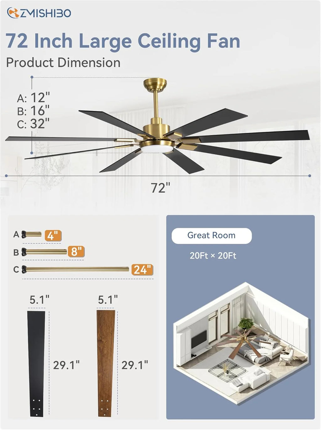 ZMISHIBO 72 inch Large Ceiling Fans with Lights and Remote, Indoor/Outdoor Black Modern Ceiling Fan for Kitchen Living Room Patio, 6 Speed Reversible Quiet DC Motor, 3 CCT, Dual Finish 8 Blades