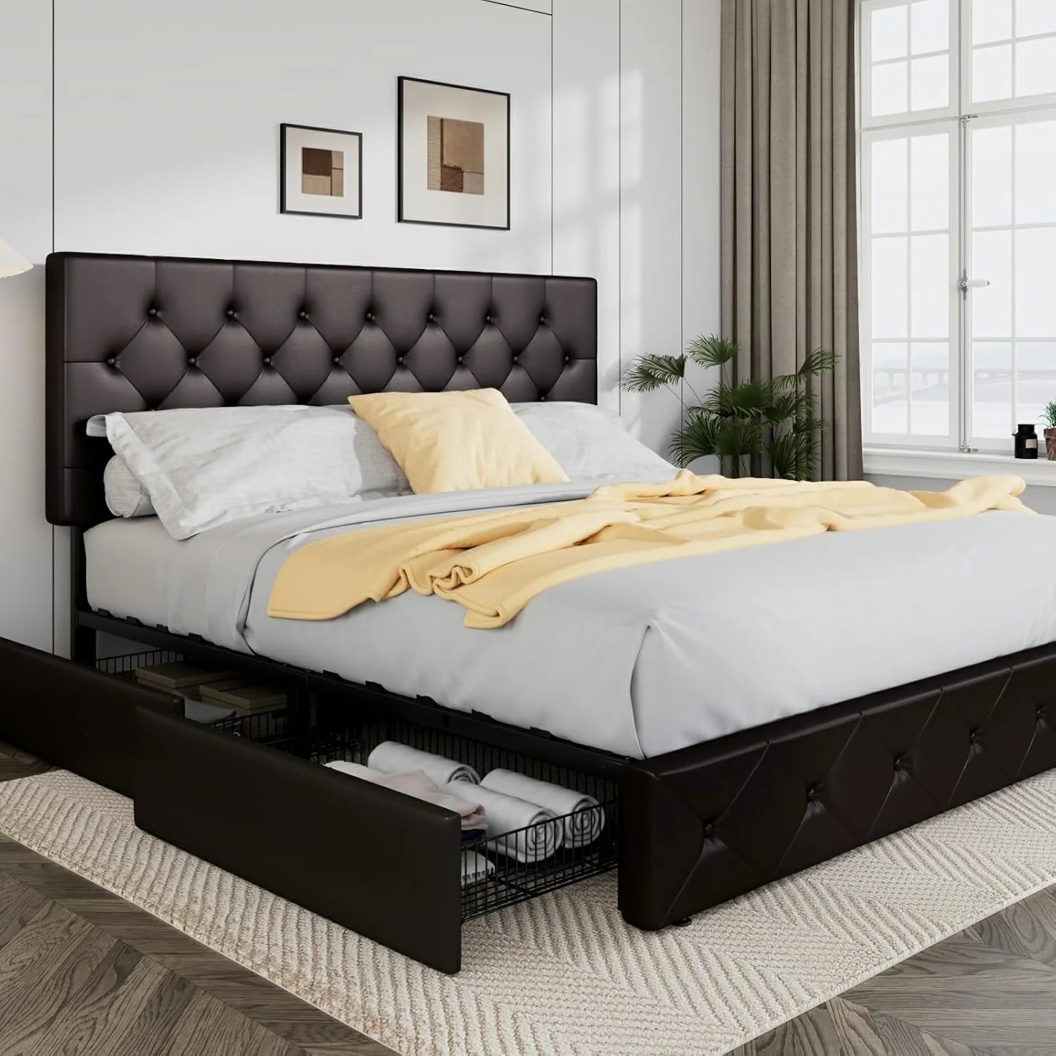 Allewie Upholstered Queen Size Platform Bed Frame with 4 Storage Drawers and Headboard