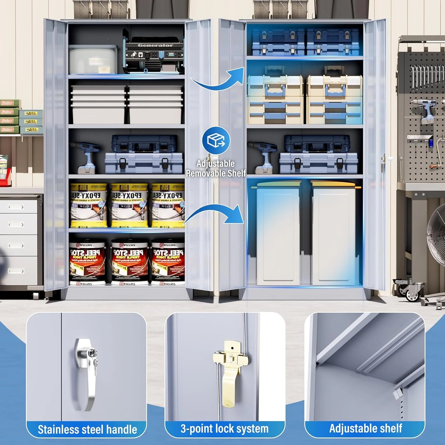 Greenvelly Metal Storage Cabinet, 72 Black Locking Metal Cabinet with 2 Doors and 4 Adjustable Shelves, Lockable Garage Storage Cabinets for Home Office, Garage, Kitchen, Living Room