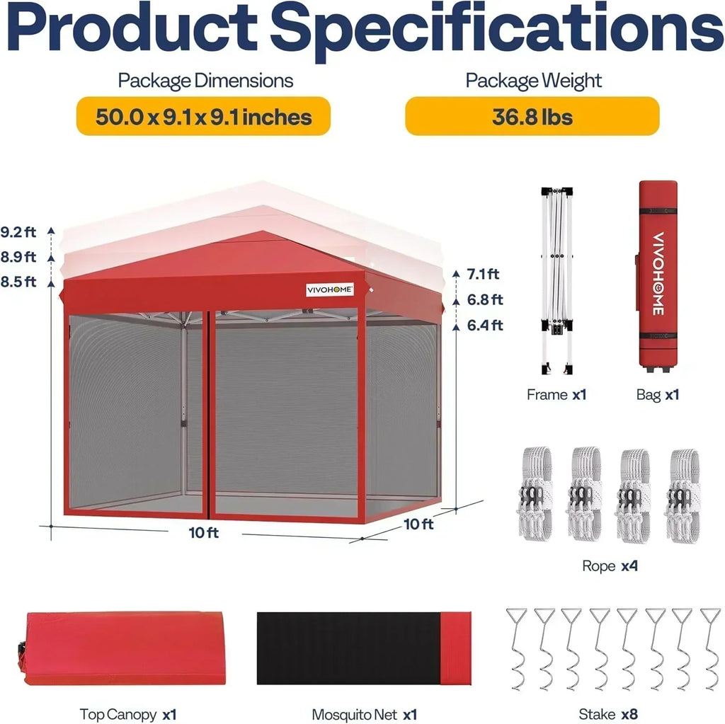 10x10ft Easy Pop-Up Canopy Outdoor Screen Tent with Mosquito Netting 2 Zipper Doors Roller Bag
