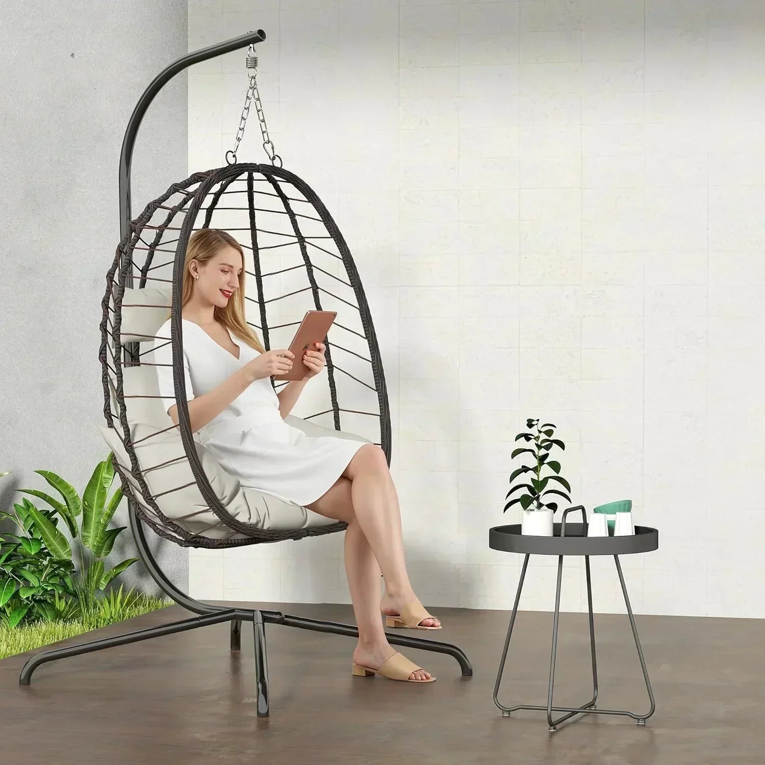 Hanging Egg Chair with Stand Swinging Egg Chair Outdoor Hanging Basket Chair with Cushion