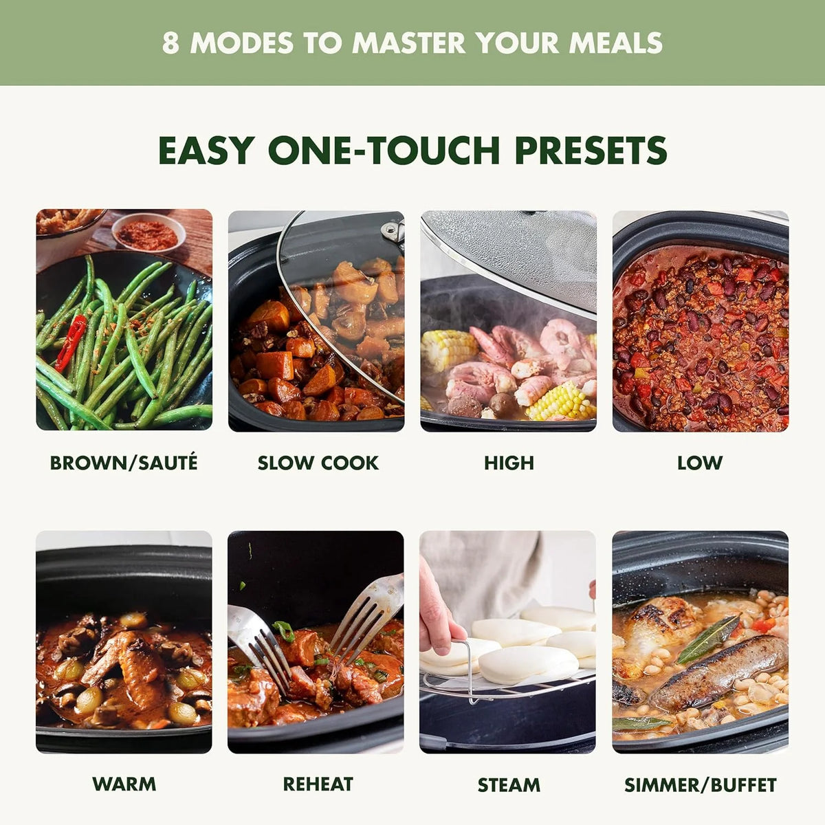 8-in-1 Programmable 6QT Electric Slow Cooker with Dishwasher-Safe Lid and Removable Base