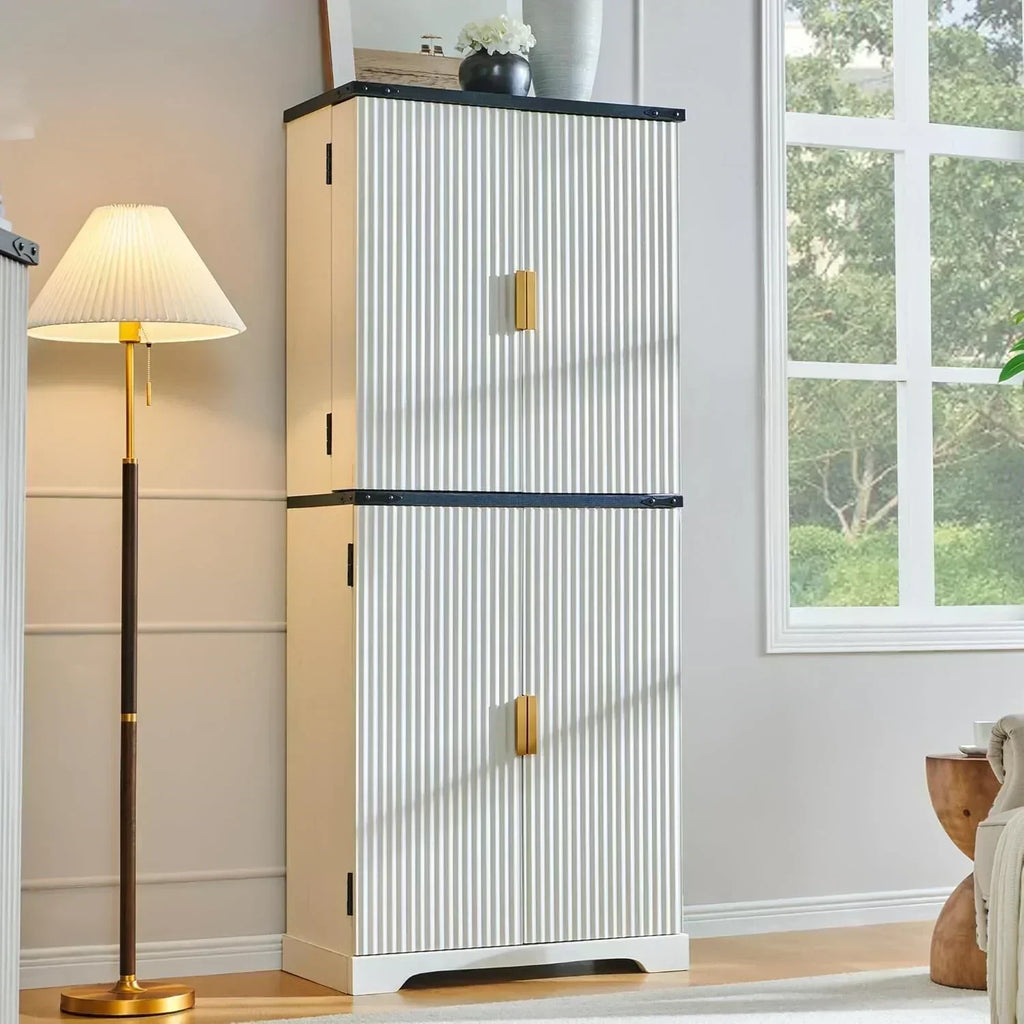 Fluted Pantry Cabinet 72 Tall Modern Storage Cabinet with 4 Doors Organizer Drawer