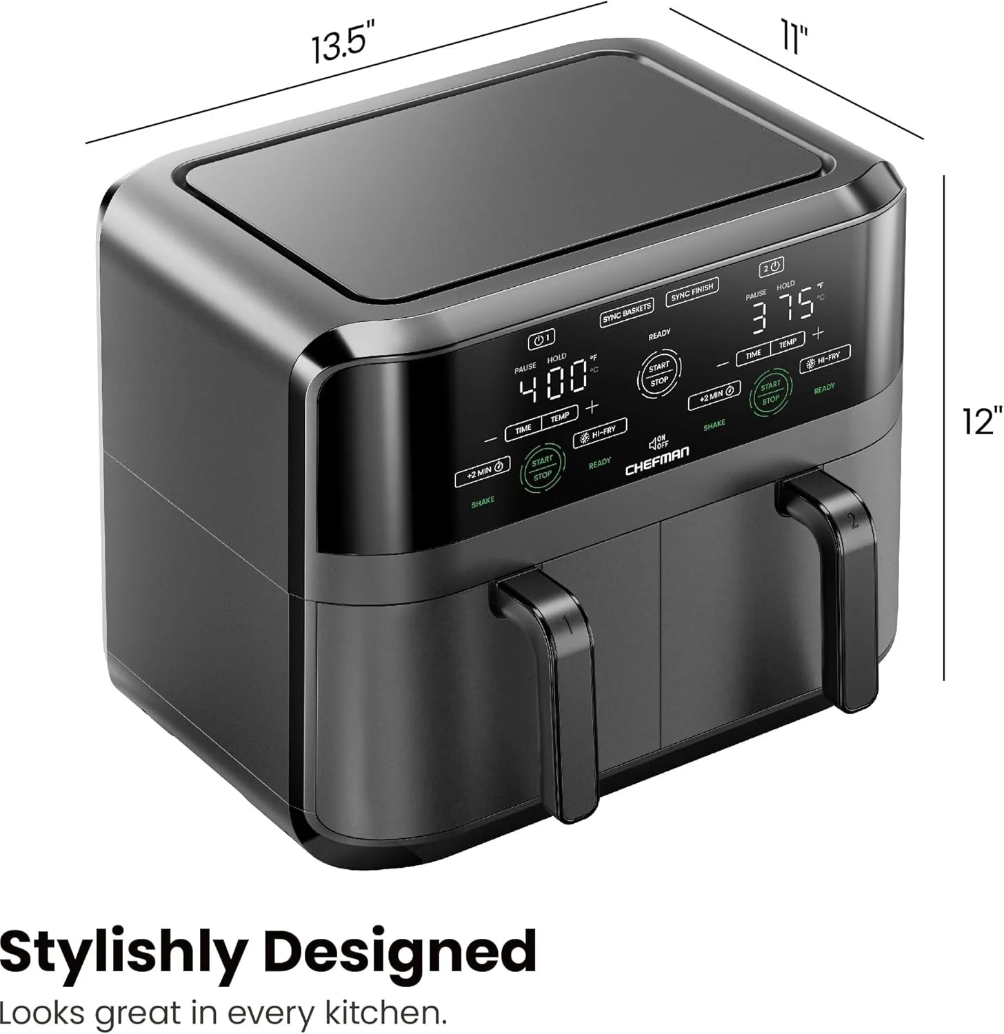 Chefman 6-Quart Dual Basket Air Fryer - Digital Touchscreen, Smart Sync Finish, High-Frying, Auto-Off, 2 Independent 3-Quart Nonstick Pans, Dishwasher-Safe Baskets