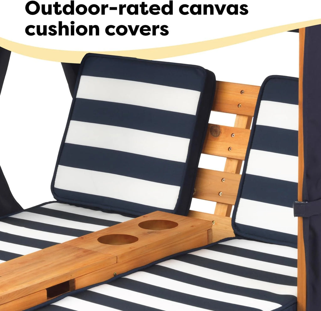 KidKraft Wooden Outdoor Double Chaise Lounge with Cup Holders, Kid's Patio Furniture, Honey with Navy and White Striped Fabric, Gift for Ages 3-8