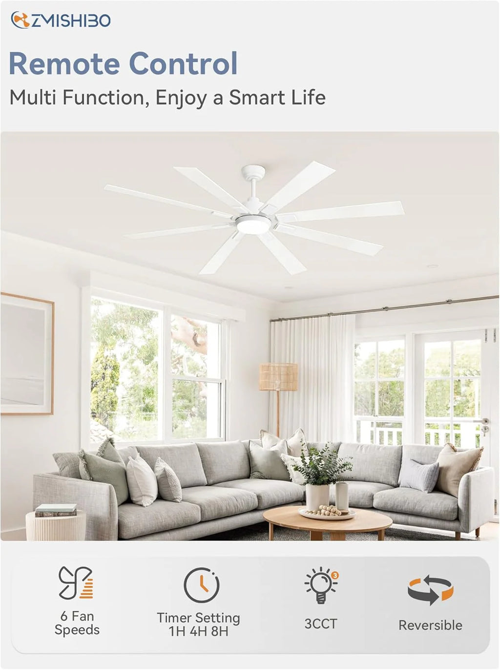 ZMISHIBO 72 inch Large Ceiling Fans with Lights and Remote, Indoor/Outdoor Black Modern Ceiling Fan for Kitchen Living Room Patio, 6 Speed Reversible Quiet DC Motor, 3 CCT, Dual Finish 8 Blades