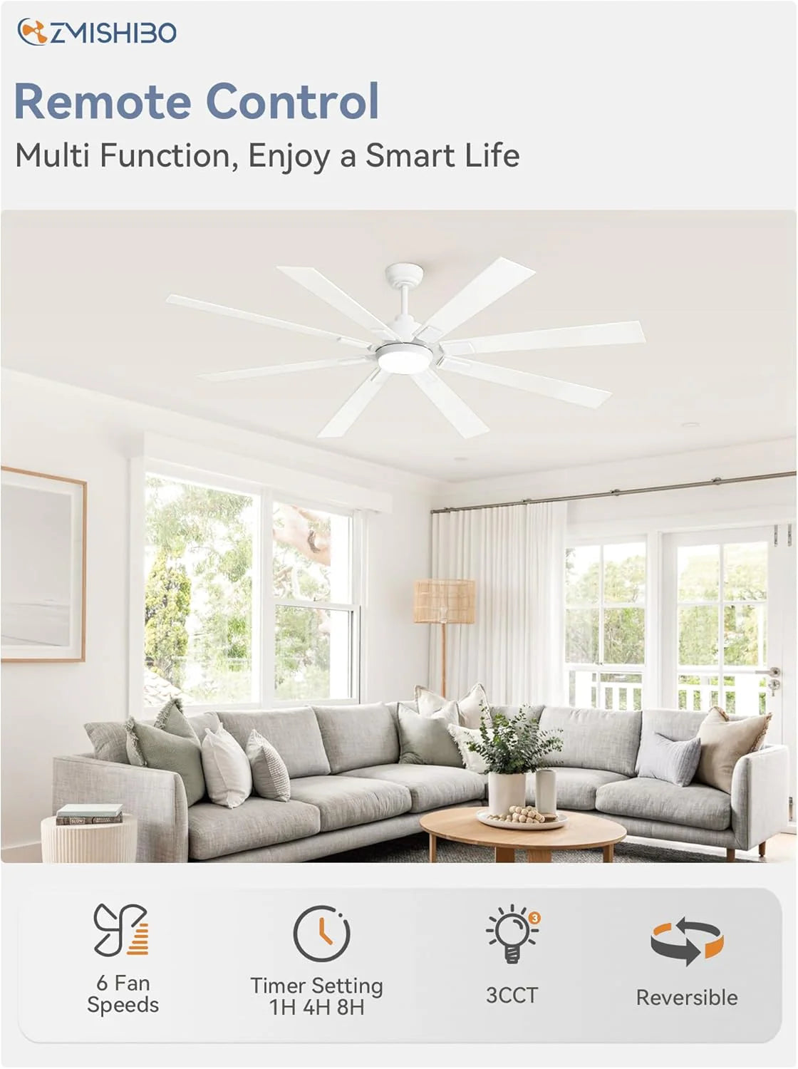 ZMISHIBO 72 inch Large Ceiling Fans with Lights and Remote, Indoor/Outdoor Black Modern Ceiling Fan for Kitchen Living Room Patio, 6 Speed Reversible Quiet DC Motor, 3 CCT, Dual Finish 8 Blades
