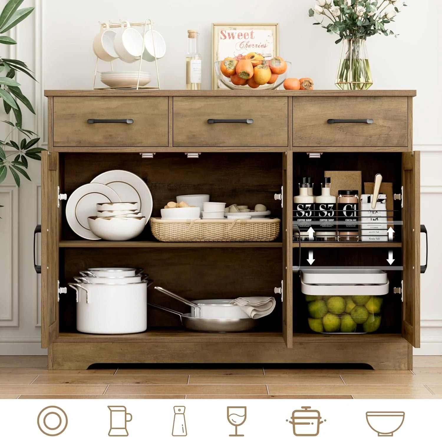 Modern farmhouse sideboard, barn door buffet storage cabinet with drawers and shelves, wooden coffee bar with storage