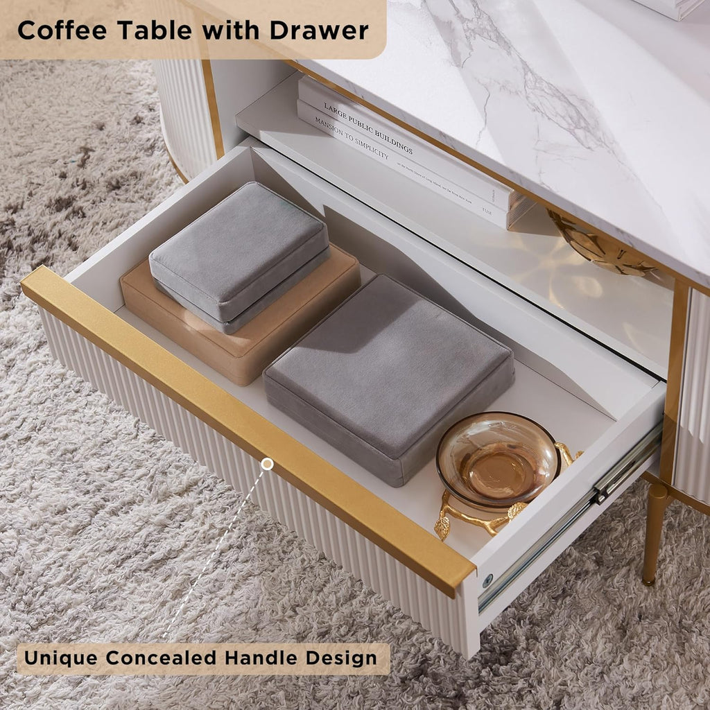 OKD Modern Luxury Grooved Coffee Table, 48 Inch Oval Coffee Table with Drawers, Imitation Marble Top, Curved Contour Design, Gold Metal Trim, Living Room Center Table