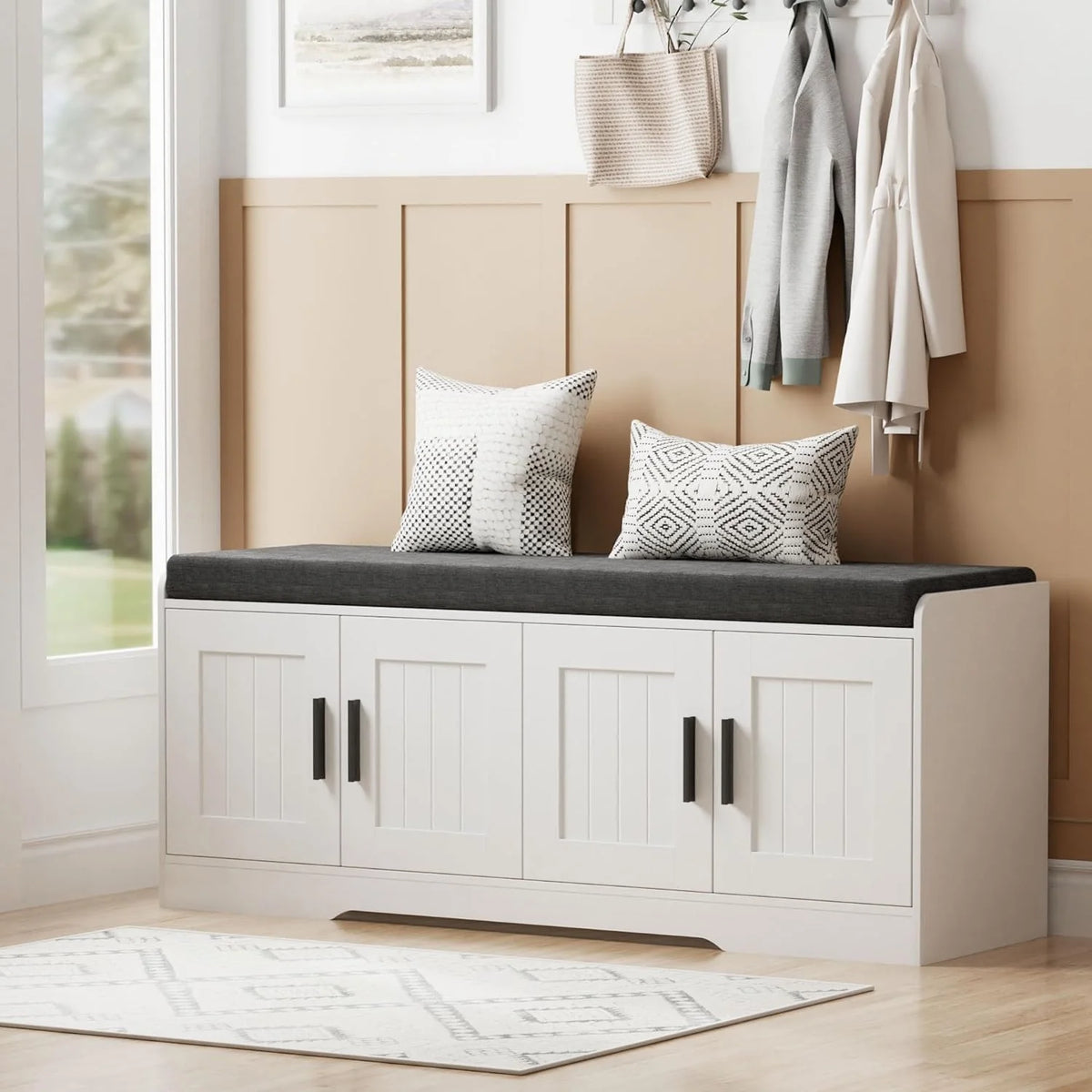 2-Tier Storage Bench, Shoe Bench with Thickened Padded Seat Cushion, Entryway Bench with 4 Doors, Adjustable Shelf