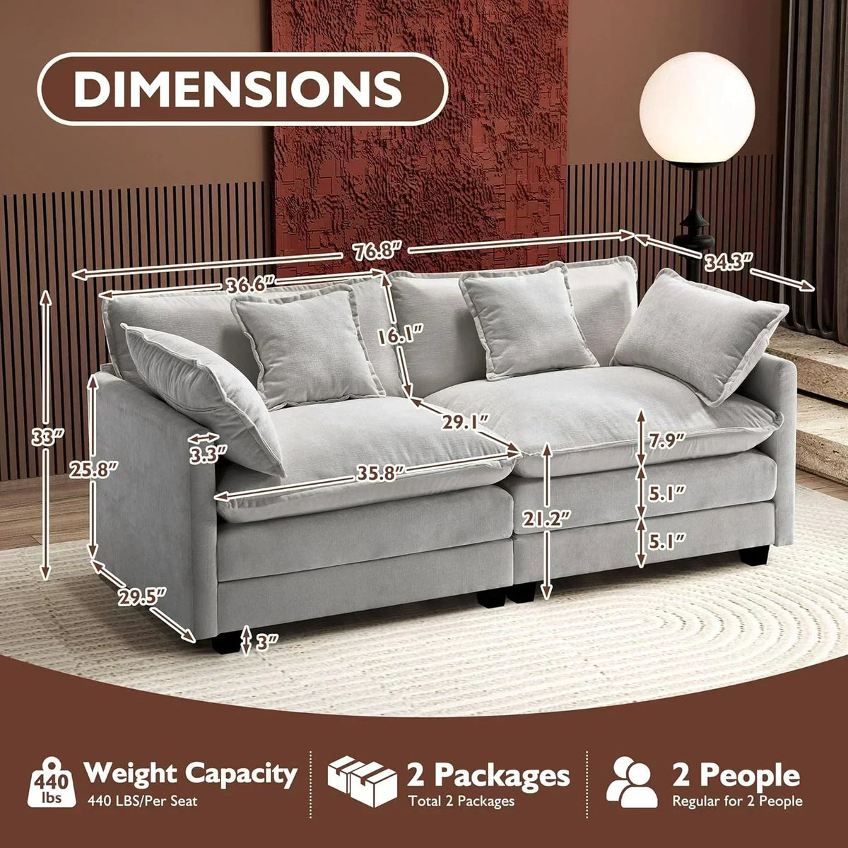 111.4 Inch L Shaped Modern Sofa Modular Cloud Sofa with Ottoman 4 Seater Chenille Deep Seat Sofa