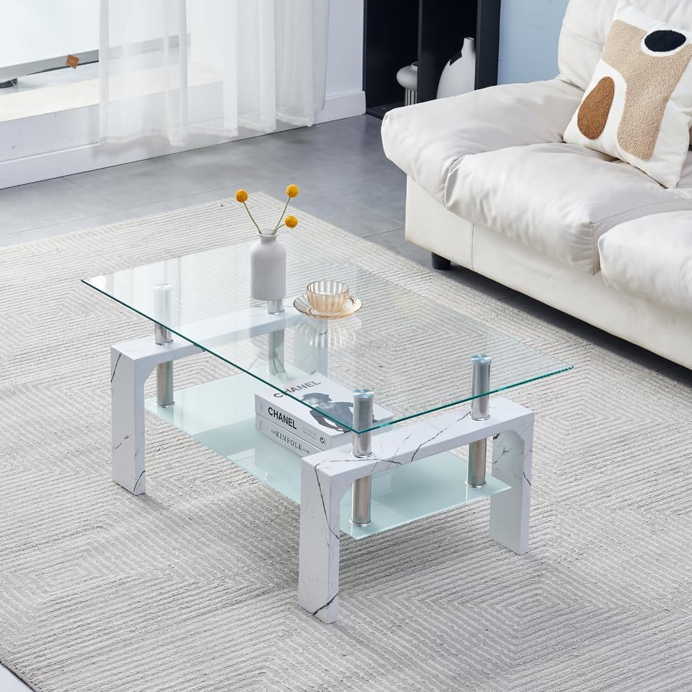 Living Room Rectangle Coffee Table, Tea Table Suitable for Waiting Room, Modern Side Coffee Table with Wooden Leg, Glass Tabletop