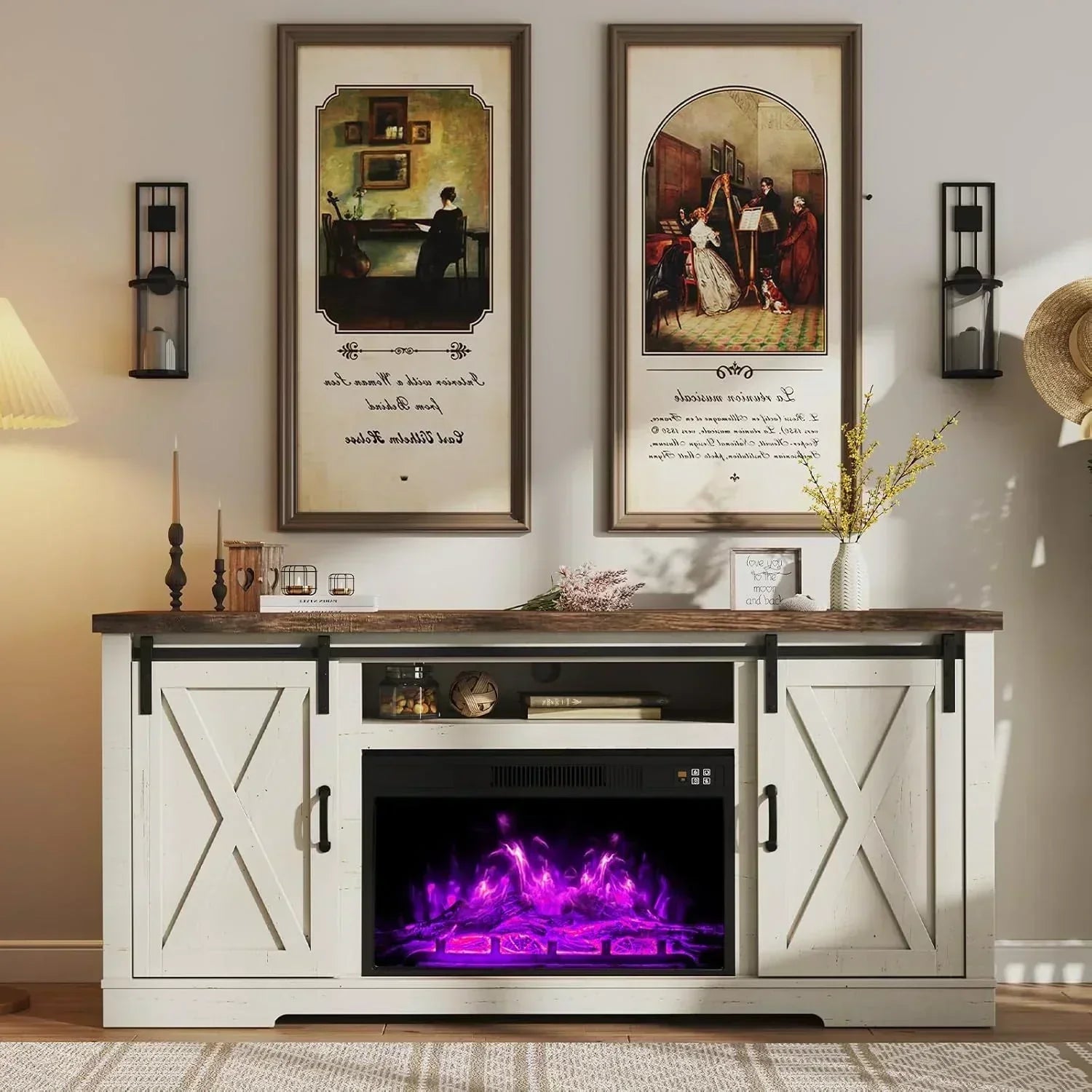 AMERLIFE Fireplace TV Stand with Sliding Barn Door  Farmhouse 63 Fireplace Entertainment Center