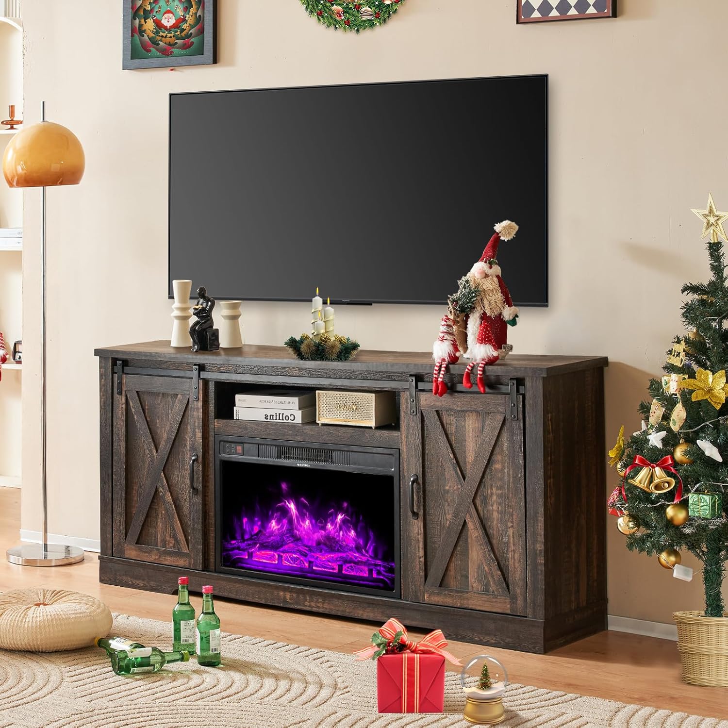 AMERLIFE Fireplace TV Stand with Sliding Barn Door  Farmhouse 63 Fireplace Entertainment Center
