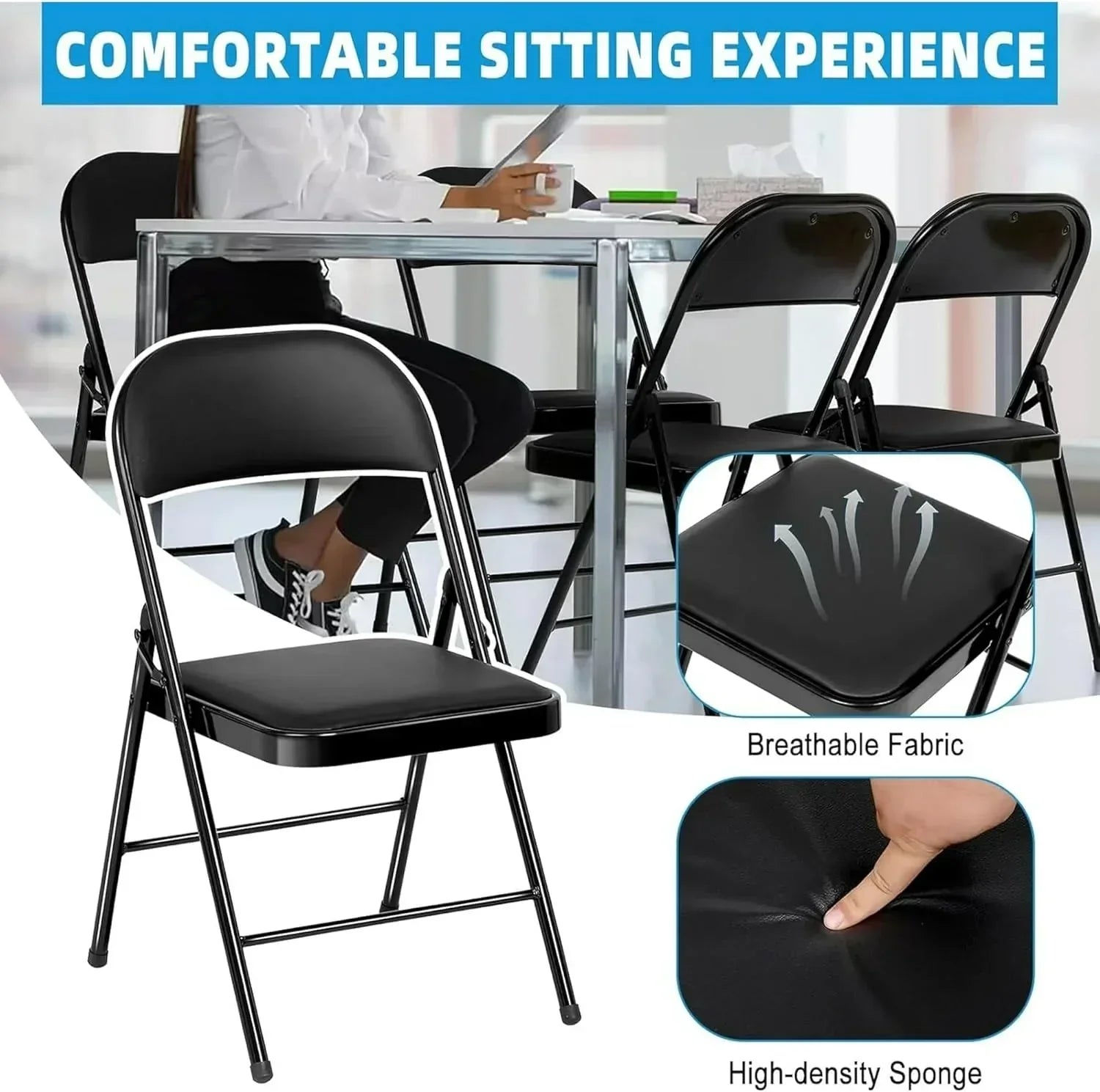 6 Pack Black Folding Chairs with Leather Chairs Events Office Wedding Party Upholstered Chairs