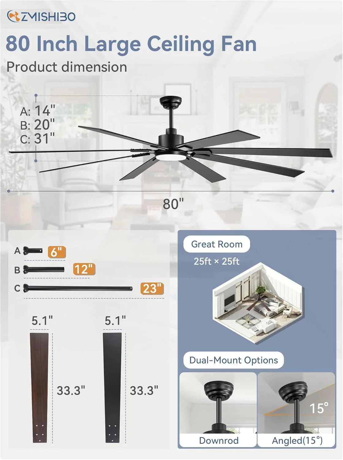 ZMISHIBO 72 inch Large Ceiling Fans with Lights and Remote, Indoor/Outdoor Black Modern Ceiling Fan for Kitchen Living Room Patio, 6 Speed Reversible Quiet DC Motor, 3 CCT, Dual Finish 8 Blades