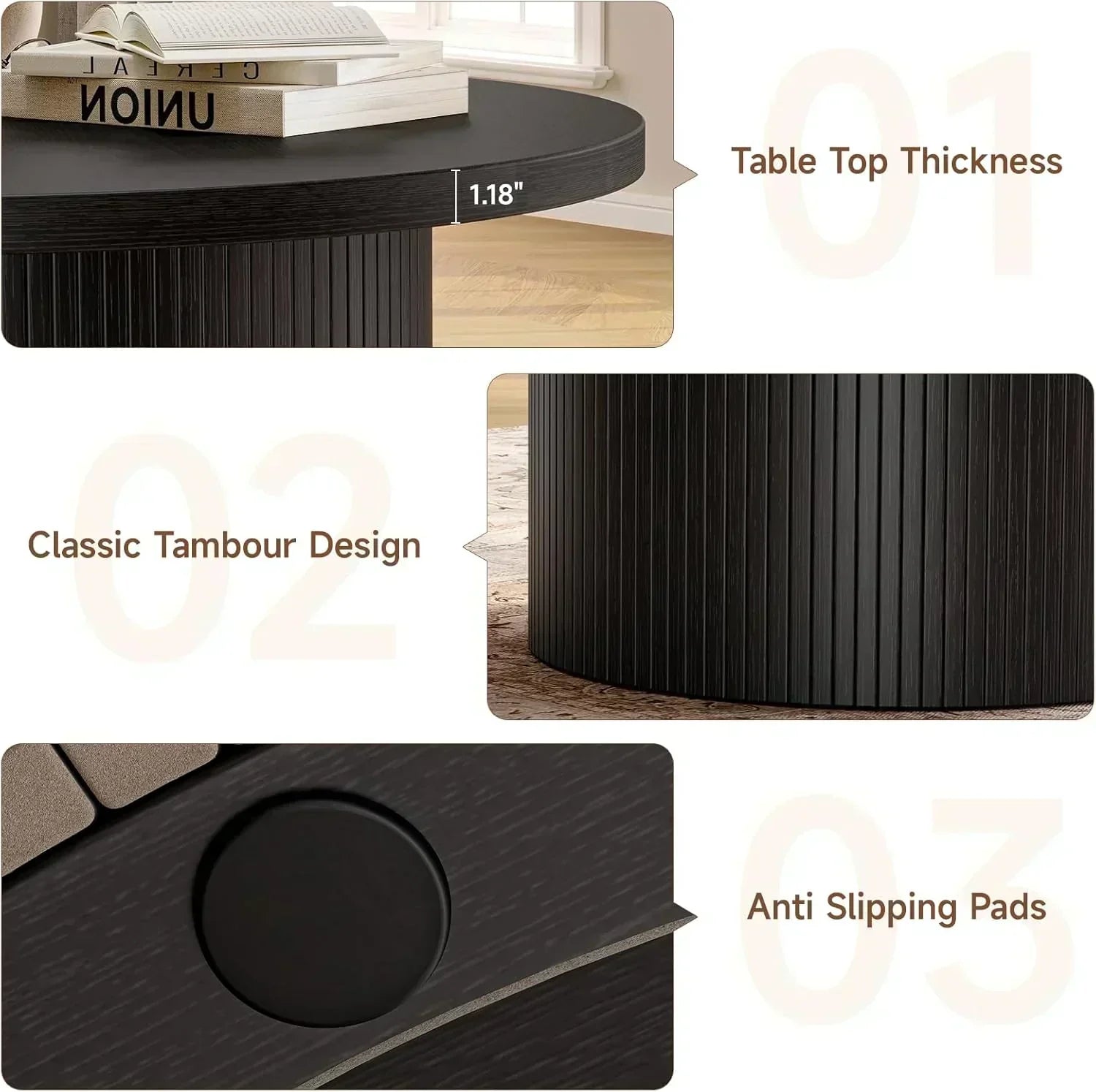 31.5 inch round coffee table living room roll-up coffee table mid-century modern wood coffee table