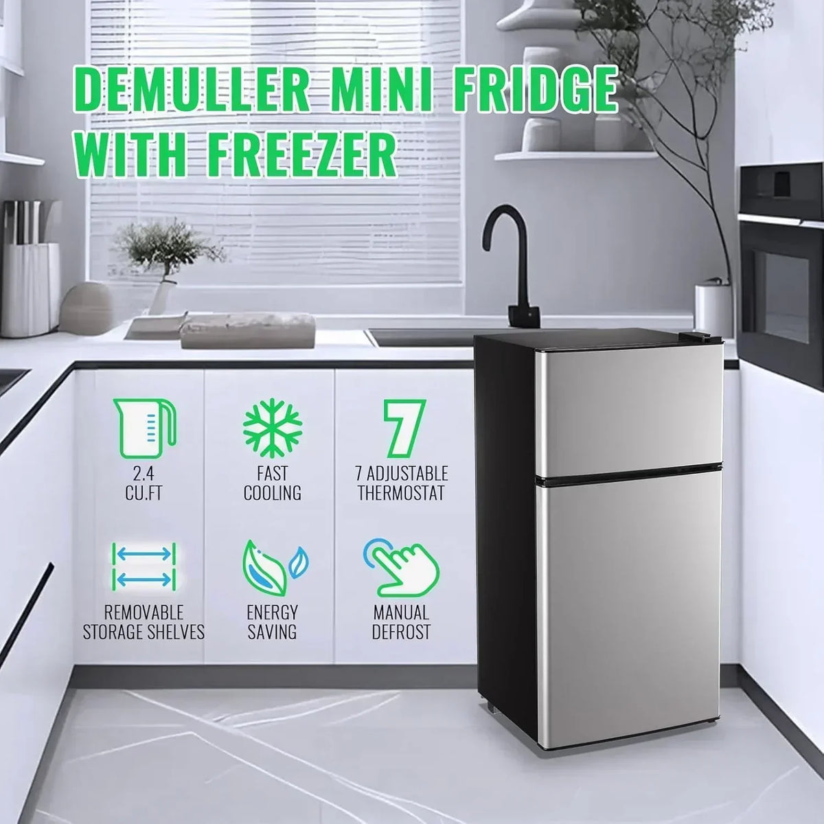 2.4 Cu.Ft Mini Fridge with Freezer Double Door Small Tiny Size Refrigerator with 7 Control Knob
