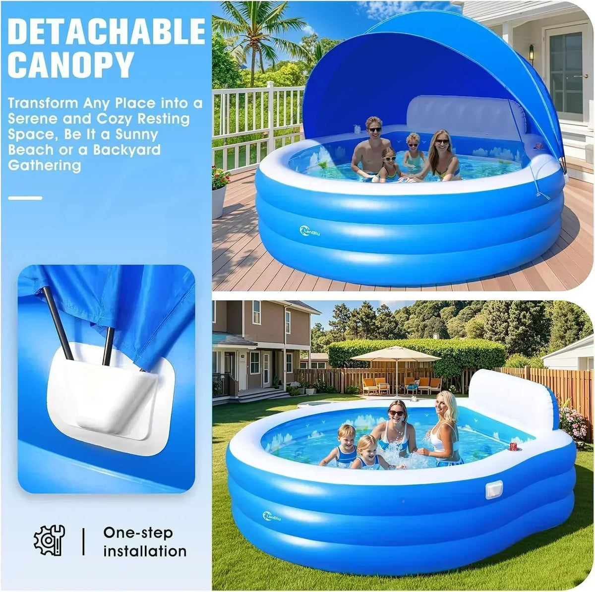 2025 Upgraded Inflatable Pool with Canopy Inflatable Family Lounge Pool Round Blow Up Pool