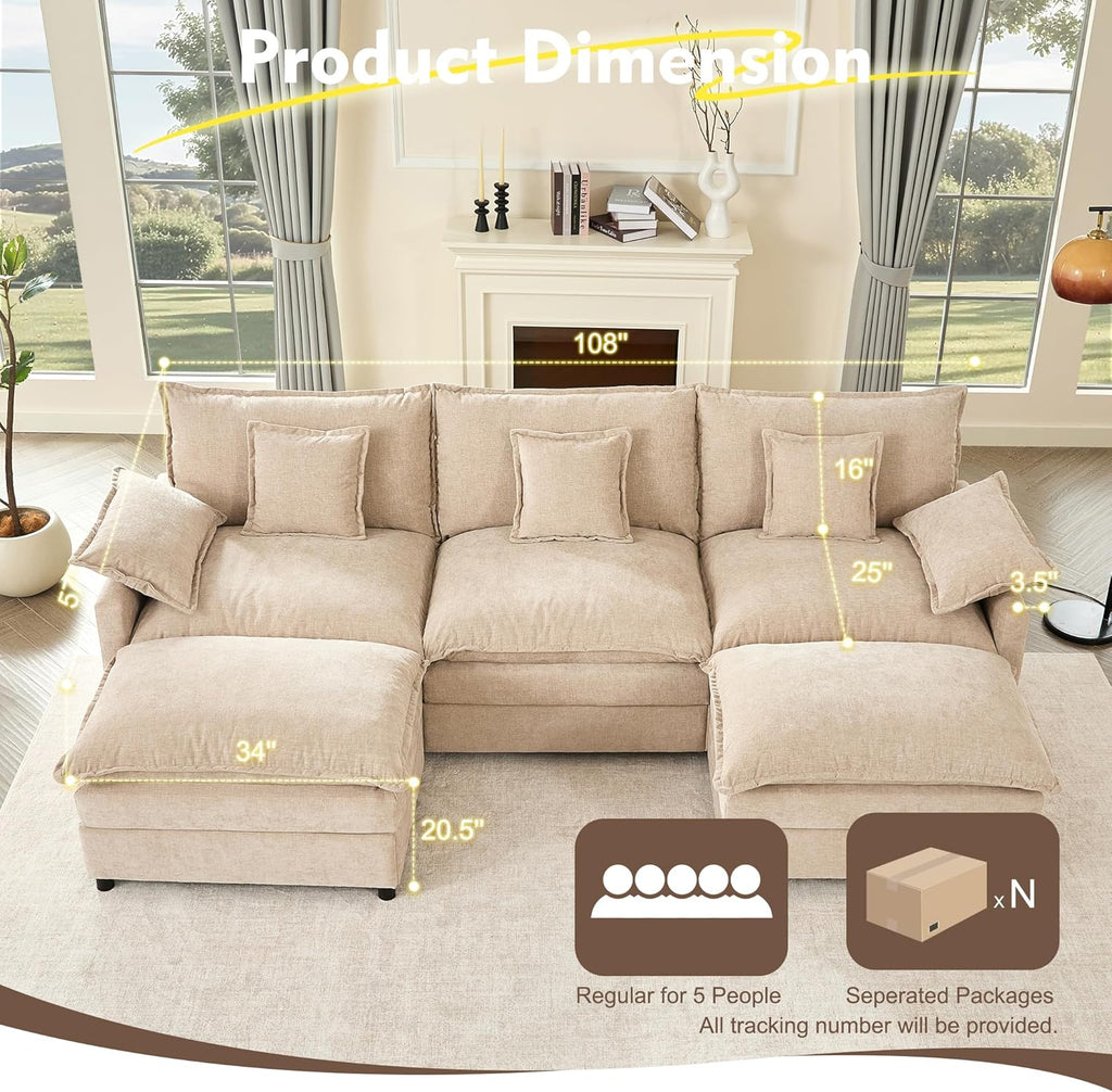 108 Inch U Shape Sofa Sectional Sofa Comfortable Cloud Sofa with Removable Footstool
