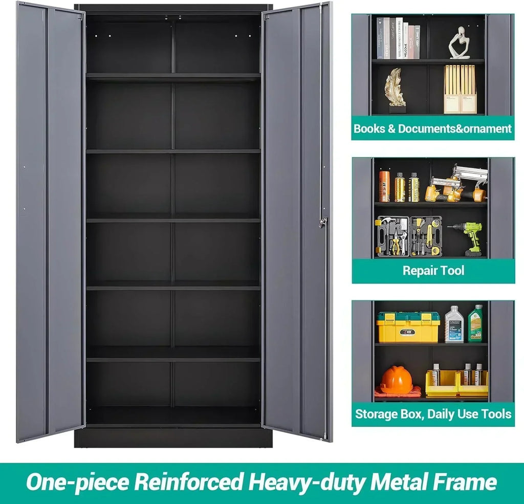 Metal Storage Cabinet with 2 Doors and 6 Shelves Black Metal Cabinet Garage Storage Cabinet