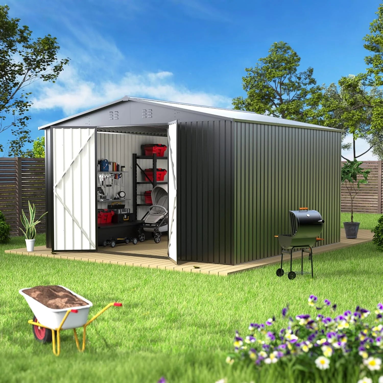 EASYHAWK 14 x 12FT Outdoor Storage Shed Metal Waterproof Storage Shed Steel Utility Garden