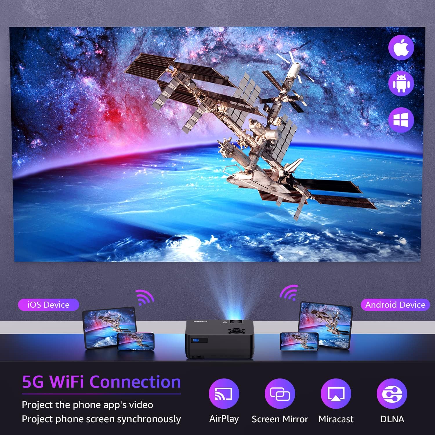 Projector with 5G WiFi and Bluetooth, Native 1080P Projector[Projector Screen Included]