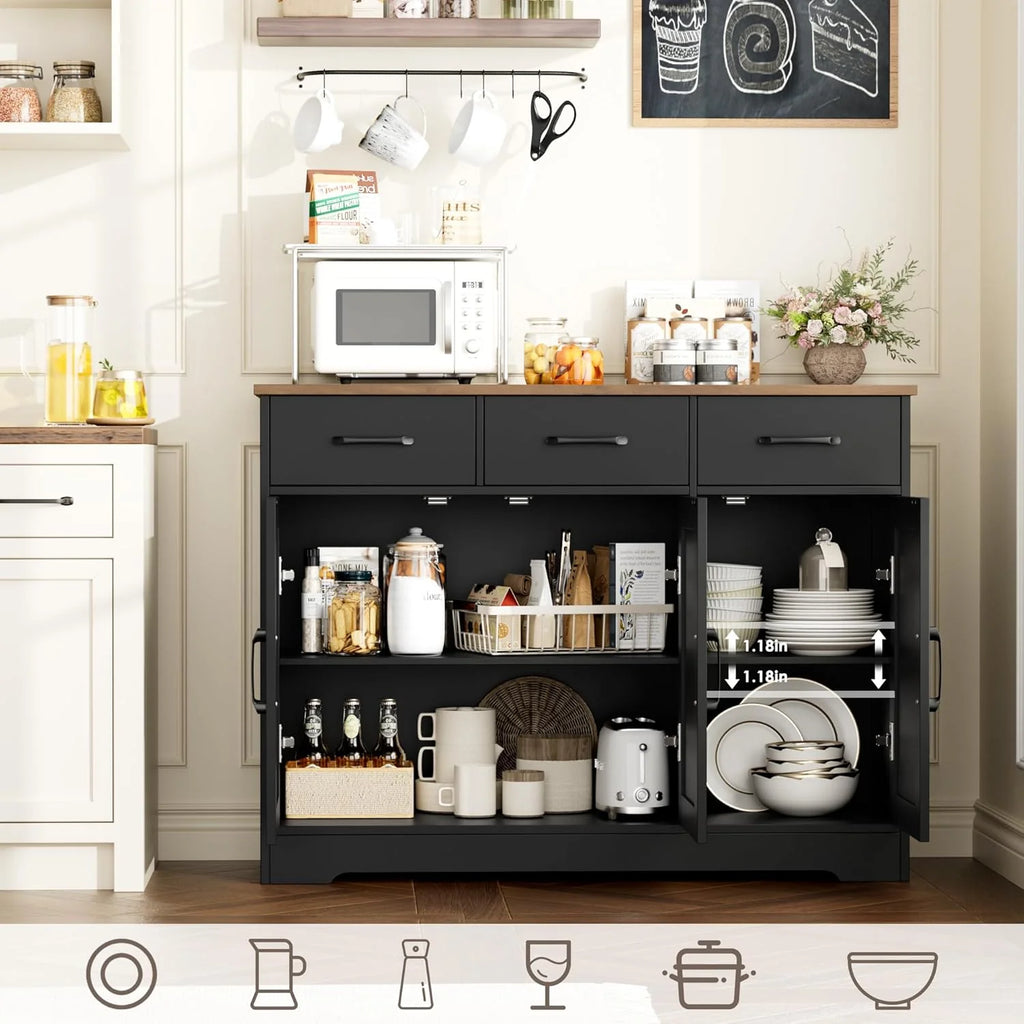 Modern farmhouse sideboard, barn door buffet storage cabinet with drawers and shelves, wooden coffee bar with storage