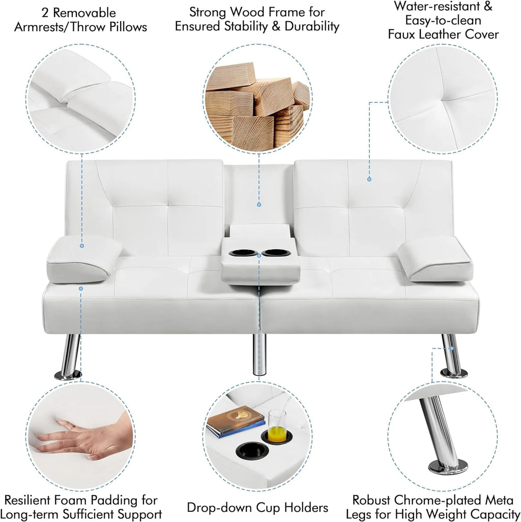 Yaheetech Convertible Sofa Bed Adjustable Couch Sleeper Modern Faux Leather Home Recliner Reversible Loveseat Folding Daybed Guest Bed, Removable Armrests, Cup Holders, 3 Angles, 772lb Capacity, Brown