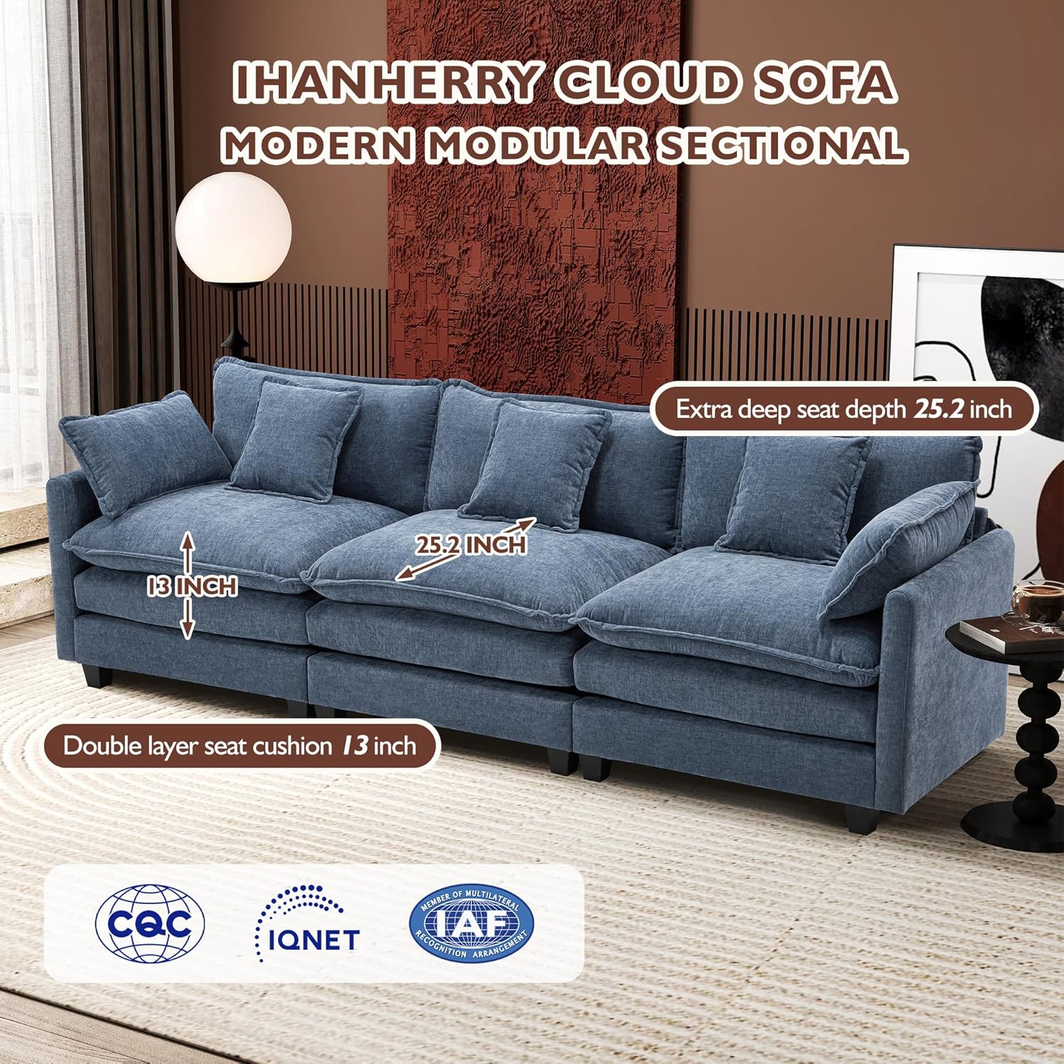 Ihanherry 146 U-Shaped Modern Sofa Modular Sectional Cloud Couch with 2 Ottoman, 6-Seat Chenille Deep Seat Sofa with 6 Pillows for Living Room, Bedroom and Apartment, Grey