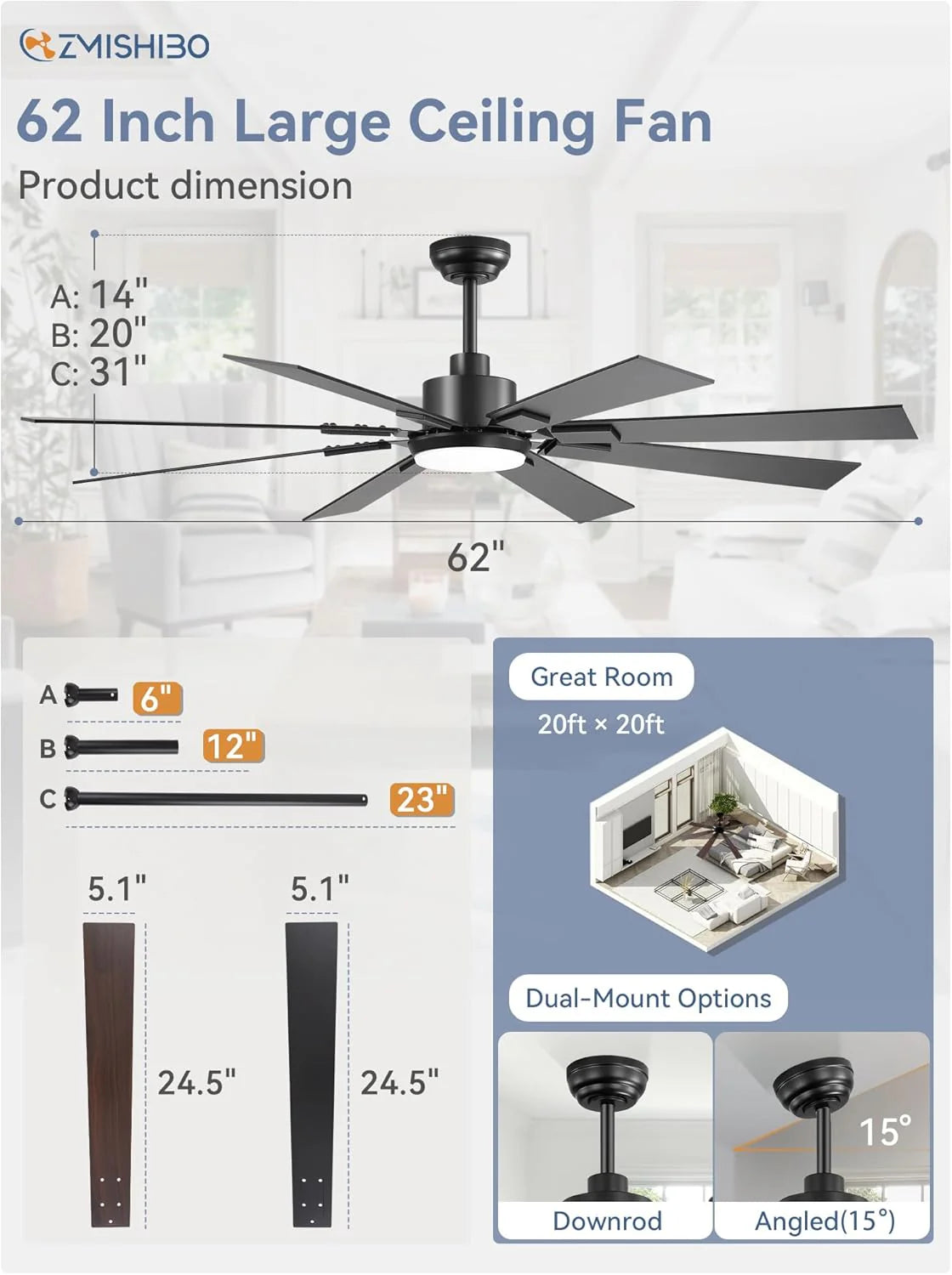 ZMISHIBO 72 inch Large Ceiling Fans with Lights and Remote, Indoor/Outdoor Black Modern Ceiling Fan for Kitchen Living Room Patio, 6 Speed Reversible Quiet DC Motor, 3 CCT, Dual Finish 8 Blades