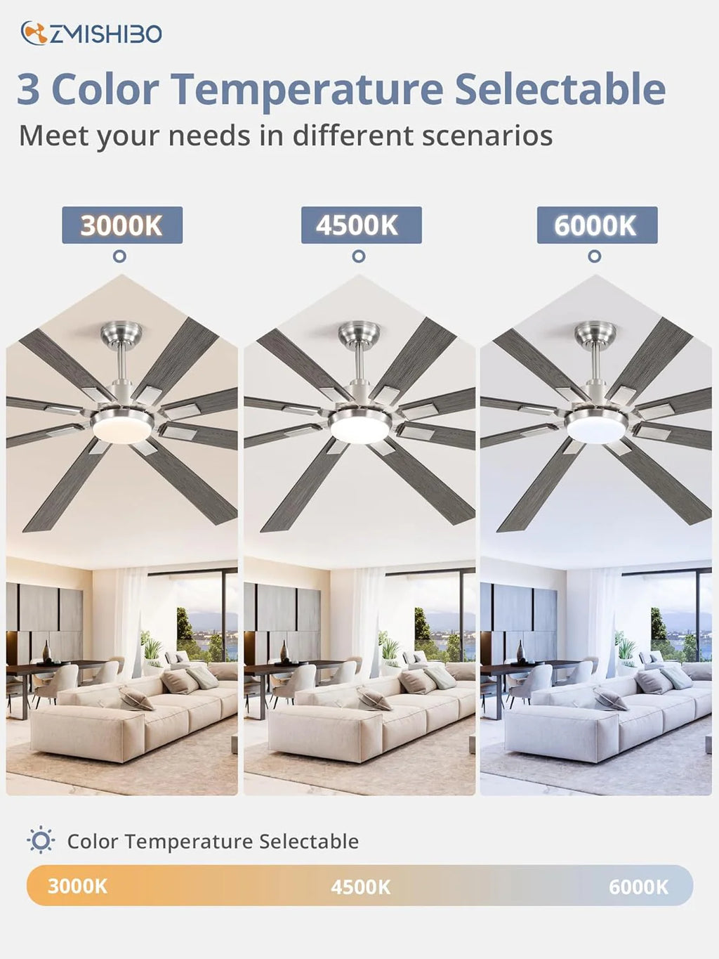 ZMISHIBO 72 inch Large Ceiling Fans with Lights and Remote, Indoor/Outdoor Black Modern Ceiling Fan for Kitchen Living Room Patio, 6 Speed Reversible Quiet DC Motor, 3 CCT, Dual Finish 8 Blades