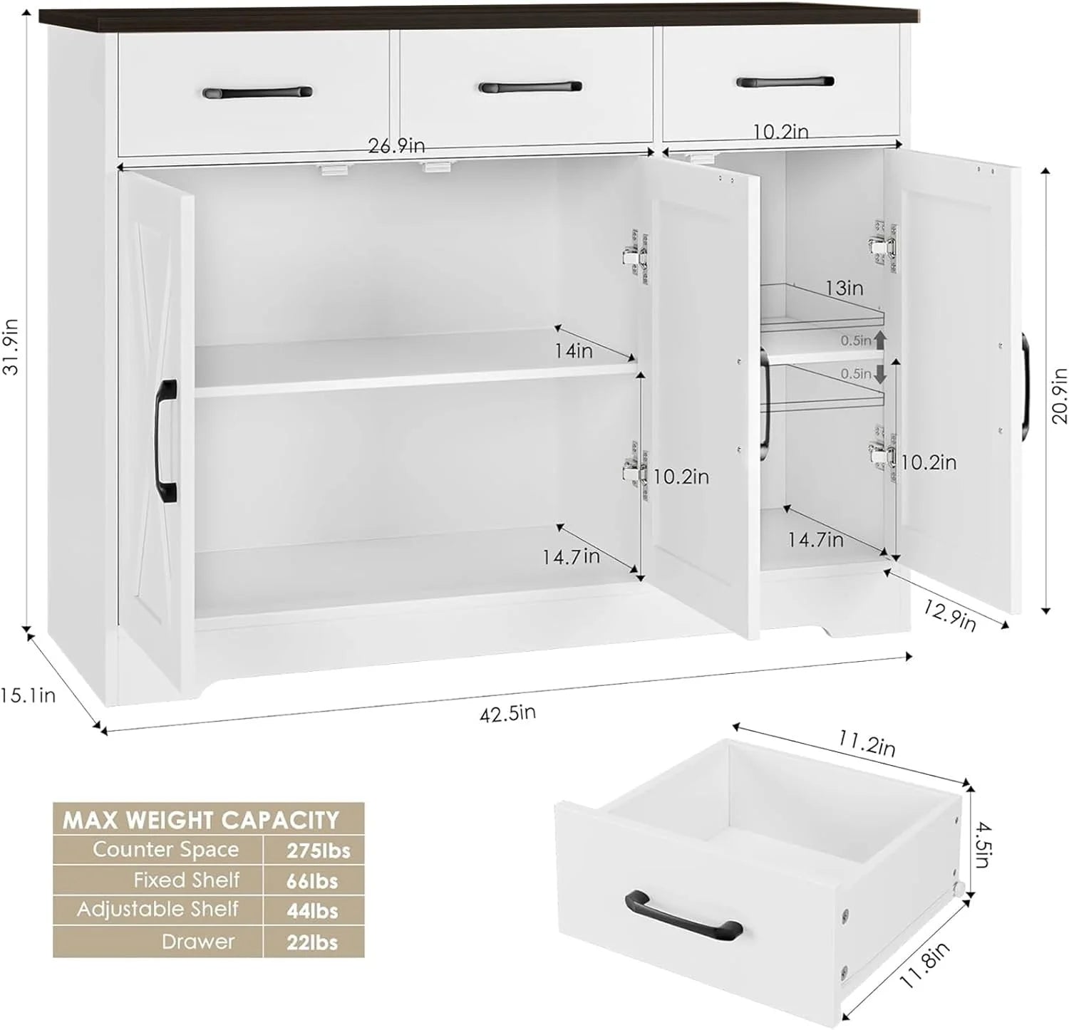 Modern farmhouse sideboard, barn door buffet storage cabinet with drawers and shelves, wooden coffee bar with storage