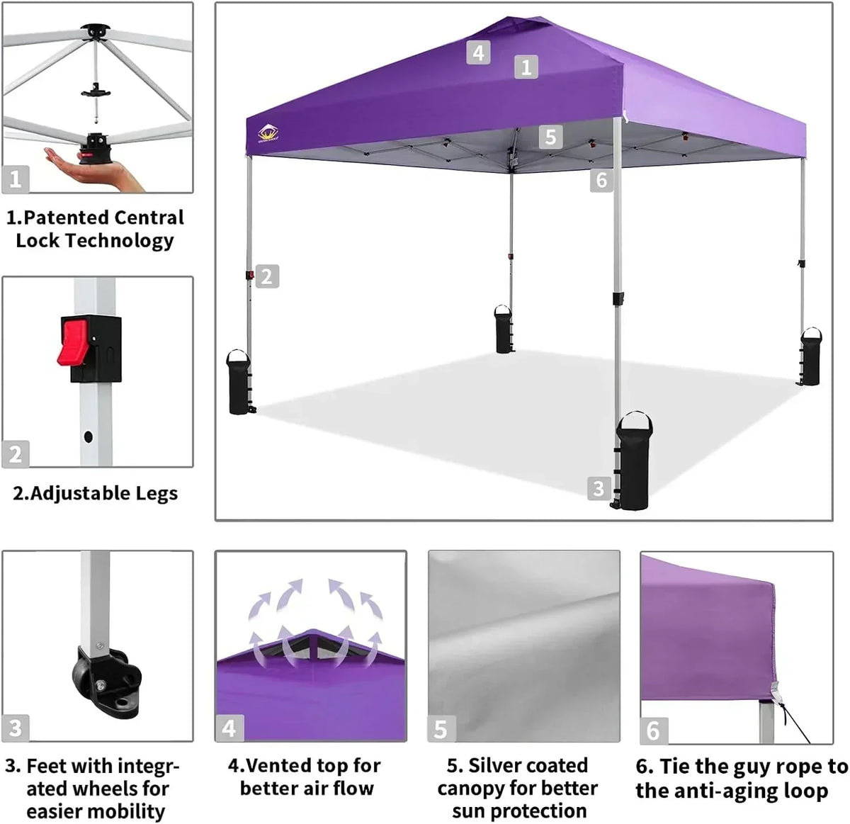 10x10 Pop-Up Awning One-Click Installation Beach Tent Outdoor Sunshade Silver Coated Top