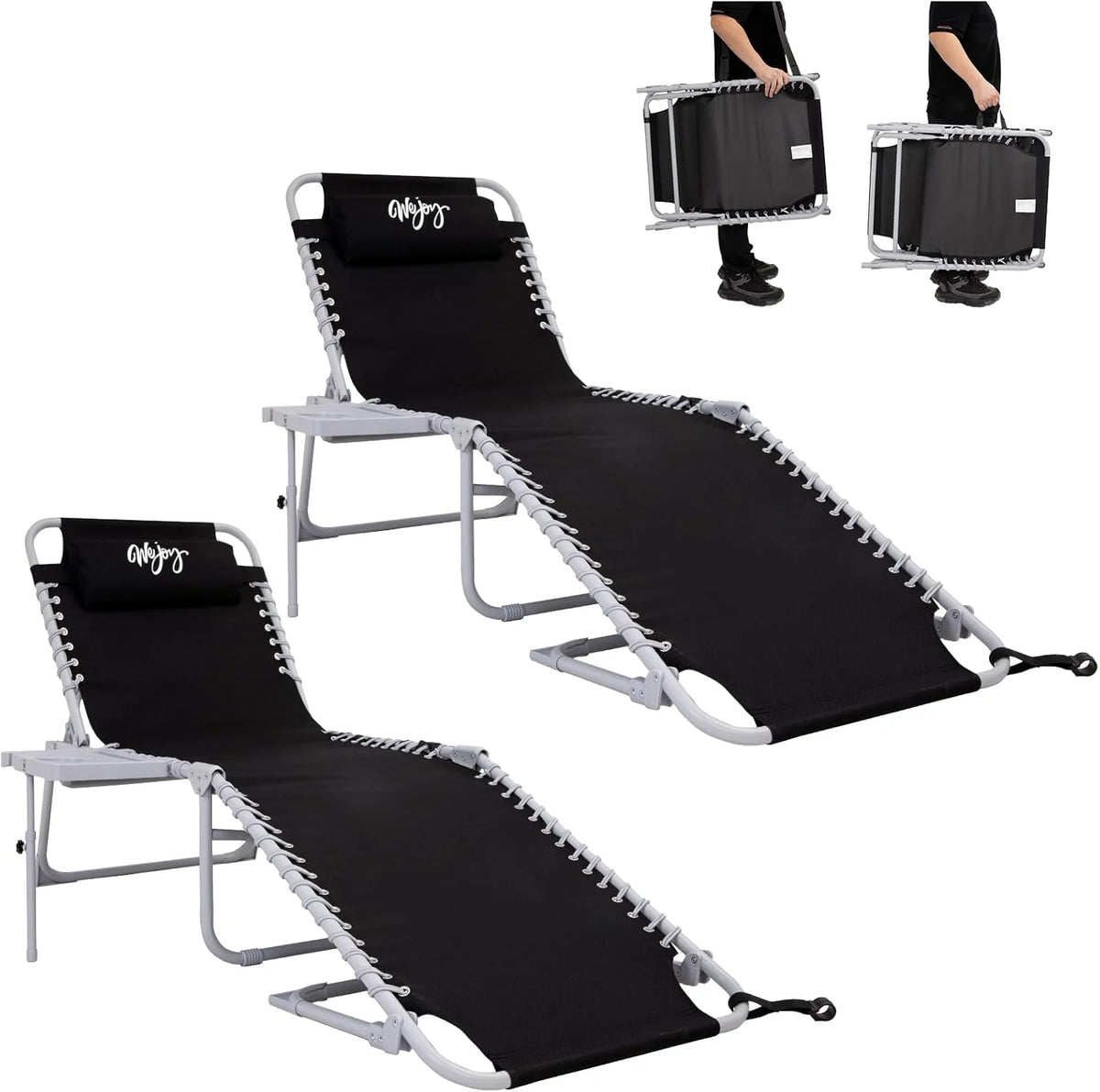 2 Pack Outdoor Chaise Lounge Chair - Portable Folding Patio Pool Lounge Chair, 5 Positions Adjustable Reclining Camping Chair with Side Table,Shoulder Strap, Pillow for Beach Sunbathing Lawn