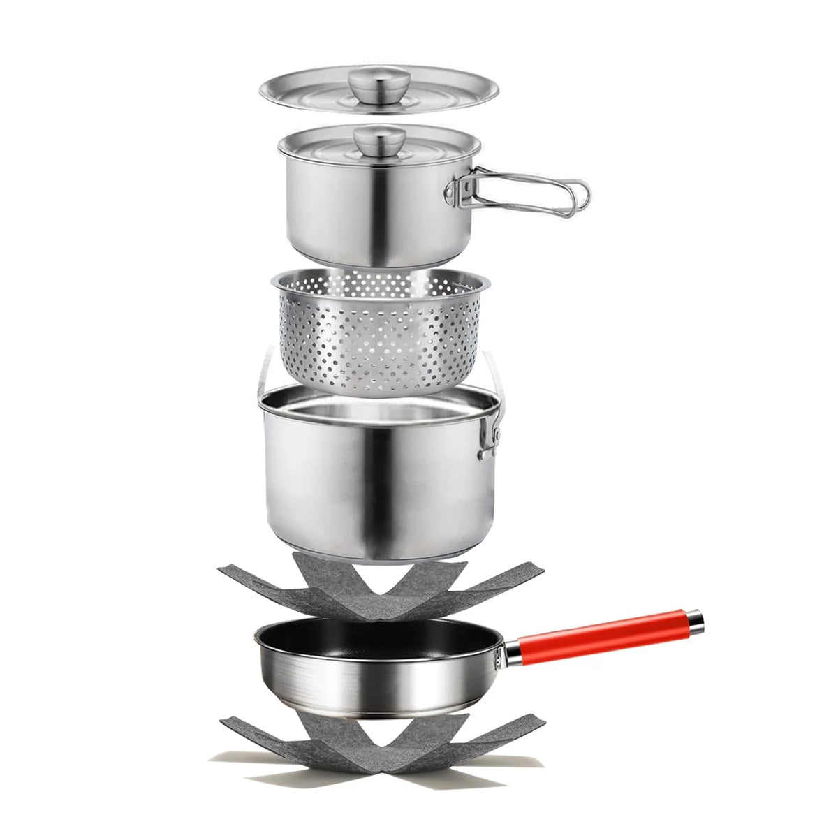 5 Piece Stainless Steel Camping Cookware Set with Colander and Travel Bag for 4 to 6 People